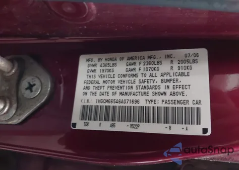 2006 Honda Accord 3.0 Ex from USA, damaged, VIN 1HGCM66546A071696